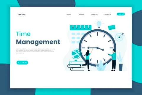 Flat design template of a time management landing page Stock Illustration