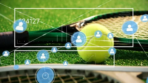 Flat design tennis ball on racket strings showing data panels with floating user Video stock 307460307