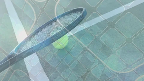 Flat design tennis racket resting over white boundary line on green court Stock Footage 307459092