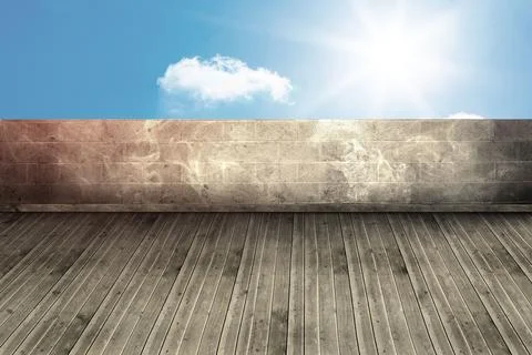 Flat design terrace deck is featuring wooden plank floor, stone wall, bright sun 스톡 일러스트