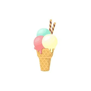 Flat design three scoop of ice cream melts in the cone Stock Illustration