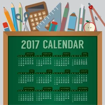 Flat Design Top View Education Concept 2017 Printable Calendar Starts Sunday Stock Illustration