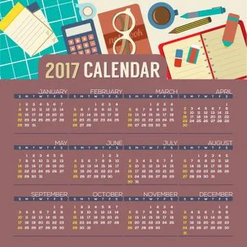 Flat Design Top View Workplace 2017 Printable Calendar Starts Sunday Vector I Stock Illustration
