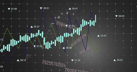Flat design trading UI showing cyan candles plotting blue and green trend lines Stock Footage 307436529
