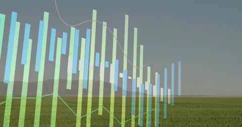 Flat design translucent data overlay showing bar charts and line graphs spanning Video stock 325706205