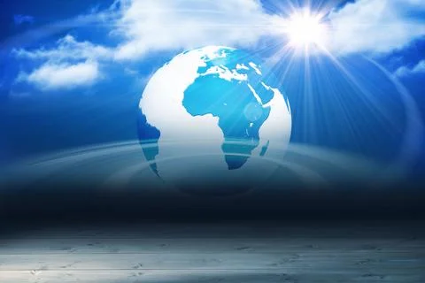 Flat design translucent globe showing Africa and Europe is hovering over wooden Ilustração Stock