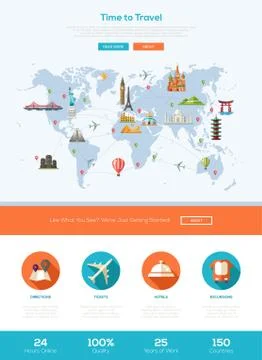 Flat design travel website header banner with webdesign elements Illustrazione stock
