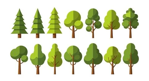 Flat Design Trees Set: Various Green Forest Flora Illustrations Stock Illustration