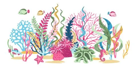 Flat Design Tropical Fish and Coral Reef on White Background. Vibrant Marine  Stock Illustration