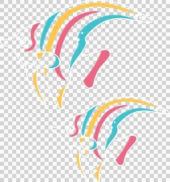 Flat design tropical fish are gliding on transparent bg with white outline, Stock Illustration