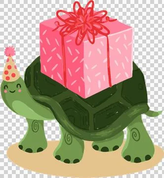 Flat design turtle is balancing pink gift on green shell wearing polka-dot hat, Stock Illustration