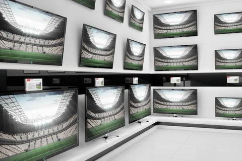 Flat design TVs are lining showroom walls with price tags, showing stadium views Stock Illustration