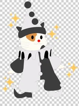 Flat-design two-tone cat jester is wearing pom-pom hat with star sparkles, Stock Illustration