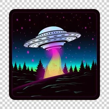 Flat design UFO is hovering above night forest using color ray lifting cow, Stock Illustration