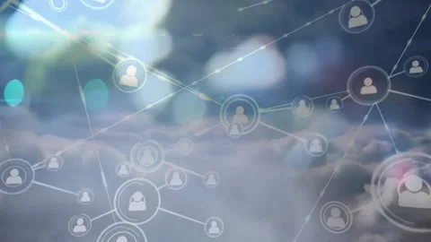 Flat design user icons floating and connecting to form network graph over cool Video stock 327962164