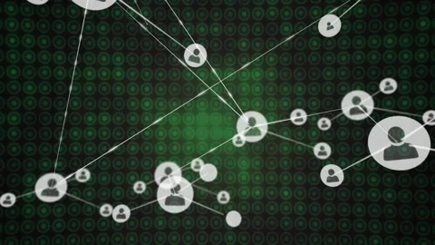 Flat design user silhouette icons connecting over green circle grid, showing Stock Footage 309286063