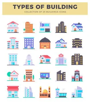 Flat design various building icons on white background Ilustración de archivo
