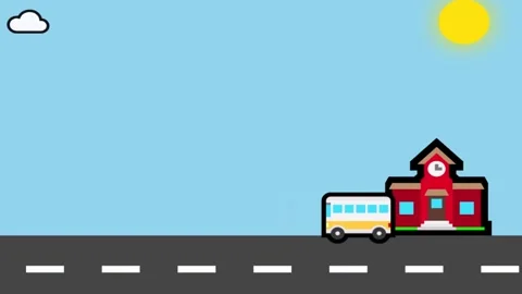 Flat design vector animation of a school bus driving on a road toward a red.. Stock Footage 342723421