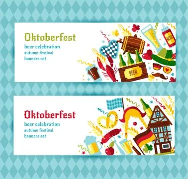 Flat design vector banners set with oktoberfest celebration symbols. Oktoberf Stock Illustration