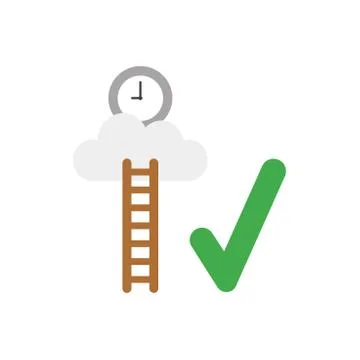 Flat design vector concept of clock on cloud with wooden ladder and check mar 스톡 일러스트
