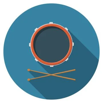 Flat design vector drum and drum sticks icon with long shadow, isolated Illustrazione stock