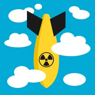 Flat design vector of falling yellow nuclear bomb. Blue sky and white clouds 스톡 일러스트