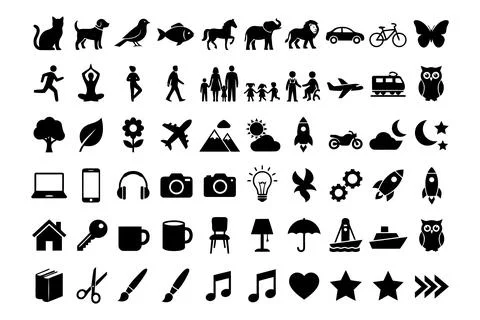 Flat design vector icon set featuring animals, people, transport, and every.. Stock Illustration
