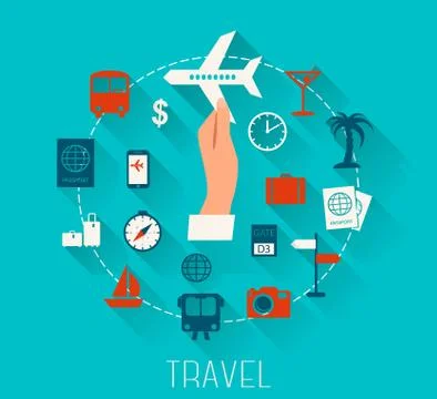 Flat design  vector icons set of vacation and travel. Stock Illustration