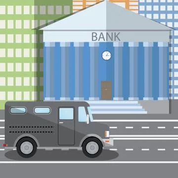 Flat design vector illustration of bank building and parked bulletproof armor Ilustración de archivo