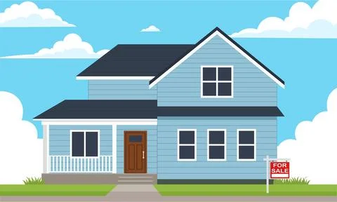 Flat design vector illustration of a blue two-story suburban house with a For Ilustración de archivo