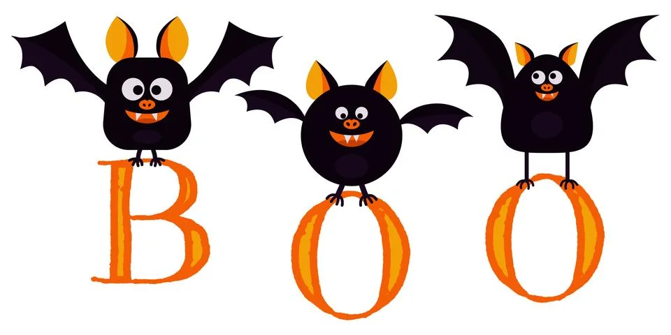 Flat design vector illustration, cartoon cute smilling black bats fly with le Stock Illustration
