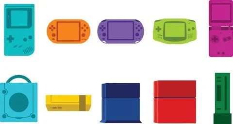 Flat design vector illustration of colorful game consoles and handheld port.. Illustrazione stock