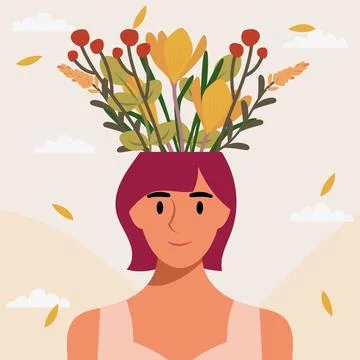 Flat design vector illustration concept of woman with flowers in her head. Illustrazione stock
