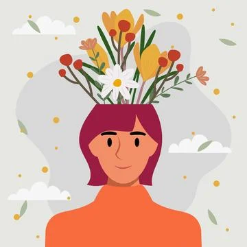 Flat design vector illustration concept of woman with flowers in her head. Ilustração Stock