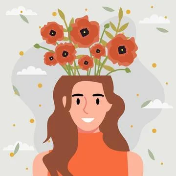 Flat design vector illustration concept of woman with flowers in her head. Stock Illustration