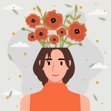 Flat design vector illustration concept of woman with flowers in her head. Stock Illustration
