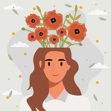 Flat design vector illustration concept of woman with flowers in her head. Stock Illustration
