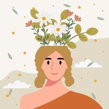 Flat design vector illustration concept of woman with flowers in her head. Stock Illustration