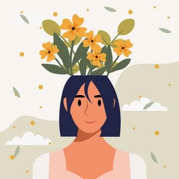 Flat design vector illustration concept of woman with flowers in her head. Illustrazione stock