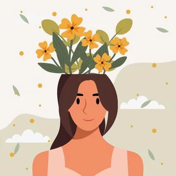 Flat design vector illustration concept of woman with flowers in her head. Ilustração Stock