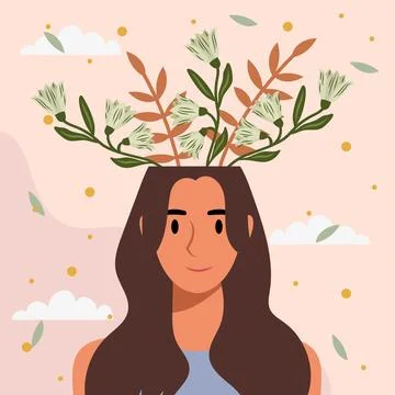 Flat design vector illustration concept of woman with flowers in her head. Stock Illustration