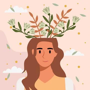 Flat design vector illustration concept of woman with flowers in her head. Stock Illustration