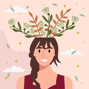 Flat design vector illustration concept of woman with flowers in her head. Stock Illustration
