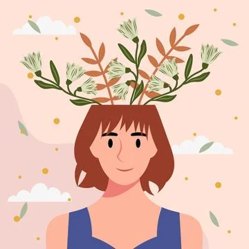 Flat design vector illustration concept of woman with flowers in her head. Stock Illustration