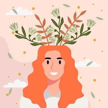Flat design vector illustration concept of woman with flowers in her head. Stock Illustration