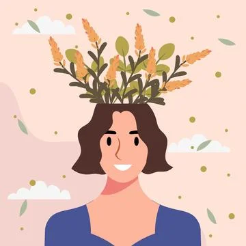 Flat design vector illustration concept of woman with flowers in her head. Stock Illustration