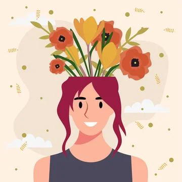 Flat design vector illustration concept of woman with flowers in her head. 스톡 일러스트