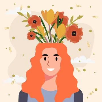Flat design vector illustration concept of woman with flowers in her head. Illustrazione stock