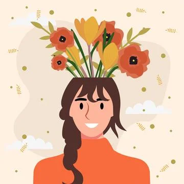 Flat design vector illustration concept of woman with flowers in her head. Stock Illustration