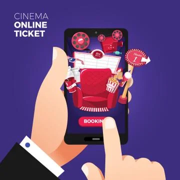 Flat design vector illustration concepts of online cinema ticket order. Hand Stock Illustration